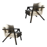 02 Poltronas Madeira Maciça Luxo Mona Braça Preta Linho Bege