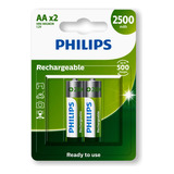 02 Pilhas Bateria Aa Philips Recarregável 2500mah 2a Pequena 1 Cartela