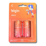 02 Pilhas Baterias C 1 Cartela Zinco Elgin Pilha Media