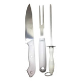 03 Peças Garfo Faca Chaira Aço Inox Kit Churrasco