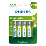04 Pilhas Bateria Aa Philips Recarregável 2500mah 2a Pequena 1 Cartela