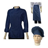 1 Kit Dolma Avental Chapéu Chef Jeans Feminino