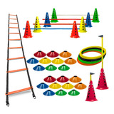 10 Cones Furados Com 5 Barreiras 20 Pratos Demarcatórios 12 Argolas Agilidade Com Bolsa Escada Rígida Funcional