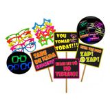 10 Plaquinha Divertida Neon Com Palito 10 Óculos Festa