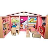 100- Artesanal Casinha De Boneca Com Móveis Estilo Maleta - Madeira - 5 Ambientes - Rosa