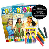 100 Kit Livrinho Revista Colorir Bíblico + Giz De Cera Mini Infantil P/ Lembrancinha