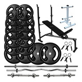 100kg Anilhas + Barras Maciças + Banco + Suporte - 30 Peças
