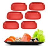 12 Pratos Retangular Travessa Oriental Melamina Sushi 23cm Cor Vermelho E Preto