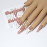 12un Unha Postica Decorada Longa Bailarina Almond Strass Cor Branco Decorados