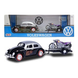 1966 Volkswagen Beetle Fusca + Trailer C/ Moto 1/24 Motormax