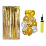 2 Cortinas 9 Balões Coração Brinde Bomba De Ar Dourado