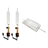 2 Espetos Giratórios Elétricos + Grelha Churrasco Grill