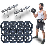 2 Halter Barra De 40cm Maciça + 24kg Anilhas P/ Musculação