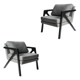 2 Poltronas Madeira Maciça Luxo Mona Braça Preta Linho Cinza