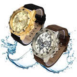 2 Relógios Masculino Pulseira De Couro Original Prova D'água Cor Do Bisel Dourado