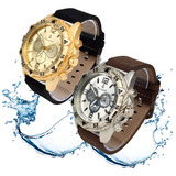 2 Relógios Masculino Pulseira De Couro Original Prova D'água Cor Do Bisel Dourado