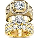 2 Anéis Para Ele E Ela Conjuntos De Alianças De Casamento Femininas Com Coração Preenchido Em Ouro Amarelo- Alianças De Casamento Masculinas- Women Size9 - Men Size9- Metal Cristal Metal Cristal