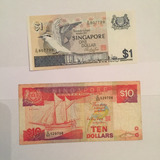 2 Antigas Cédulas De Singapura 1 E 10 Dolares Anos 1970