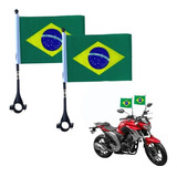 2 Bandeira Do Brasil C Suporte Moto Bike Haste Guidão Copa