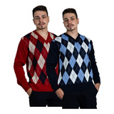 2 Blusas Masculinas Losango Frio Lã Gola V Frete Grátis