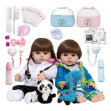 2 Boneca Reborn Gêmeos Casal Enxoval Completo Panda Girafa