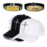 2 Bonés Fé preto branco 2 Pulseiras Aço pai Nosso cruz