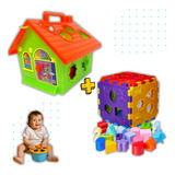 2 Brinquedos Educativo Menina Casinha Cubo Encaixe Didático