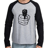 2 Camiseta Manga Longa Blusa Arma Em Punho Pistola Revólver