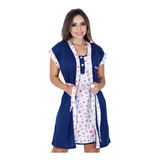 2 Camisola Amamentação Abre Fácil Botão Com Robe Maternidade