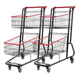 2 Carrinhos Supermercado Compras Duplo Cesto 75 Litros Lojas