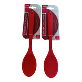 2 Colheres De Arroz Silicone Maciço Não Riscam Panelas Cabo Vermelho