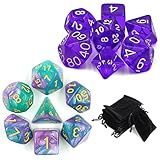 2 Conjuntos 7 Dados Rpg Roxo Translúcidos E Galaxia Universo Roxo Com Verde - Bolsa Veludo