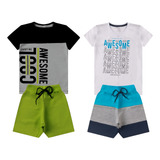 2 Conjuntos Infantil Verão Menino Camiseta Bermuda Moletinho