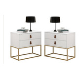 2 Criados Mudos Unic 60 Resisdente Com 2 Gavetas Acabamento Fosco Cor Branco dourado