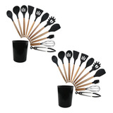 2 Kits 10 Utensílios Cozinha Escumadeira Concha Espatula Top Cor Preto