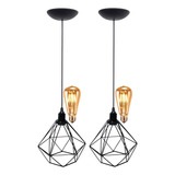 2 Pendentes Aramado Diamante 2 Lâmpadas Lustre Retrô Preto