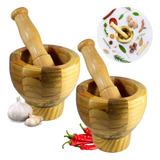 2 Pilão Bambu Socador Madeira Tempero Alho Condimento Moer