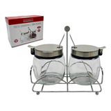 2 Porta Tempero Vidro Tampa E Colher Inox Saleiro Açucareiro