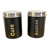 2 Potes De Inox Para Café E Açúcar Redondo Preto Com Tampa