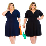 2 Vestidos Plus Size Festas Midi Rodado Decote V Kit Atacado