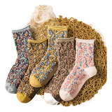 2025 5 Pares De Meias Florais De Inverno Fe Bordadas Vintage