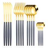 24 Peças Garfos E Facas Inox Talheres Inox Com Ouro Preto