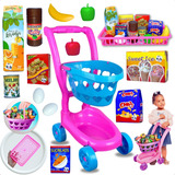 26pç Brinquedo Carrinho De Compras E Mercado Kit De Comidinh