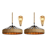 2x Lustre Pendente Rustico 50cm Corda Base Ferro+st64 Led