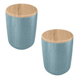 2x Porta Algodão Ceramica Azul Ou Osaka C Tampa De Bambu