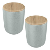 2x Porta Algodão Ceramica Cinza Ou Osaka C Tampa De Bambu