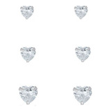 3 Brinco Prata 925 Para 2° Furo Pedra Zirconia Coração Trio Cor Prateado