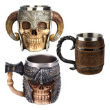 3 Caneca Viking Medieval Cranio Caveira Chopp Vinho Cerveja