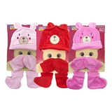 3 Kit Maternidade Urso Touca Luva Sapatinho Plush Feminino