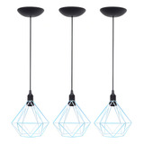 3 Pendentes Aramado Diamante Lustre Retrô Vintage Industrial Cor Azul Tiffany